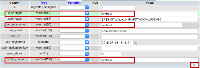 Alterando o nome de usuário "admin" do WordPress através do phpMyAdmin - Passo 2