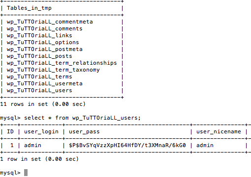 Exemplo do esquema de banco de dados do WordPress e o nome de usuário "admin" em uso
