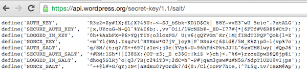 Imagem com códigos exemplificando as chaves de segurança do WordPress gerado pelo serviço do WordPress.org