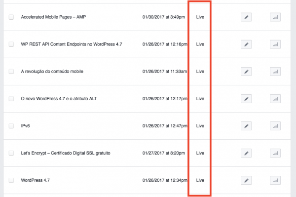 Artigos definidos como "Live" no Instant Article do Facebook