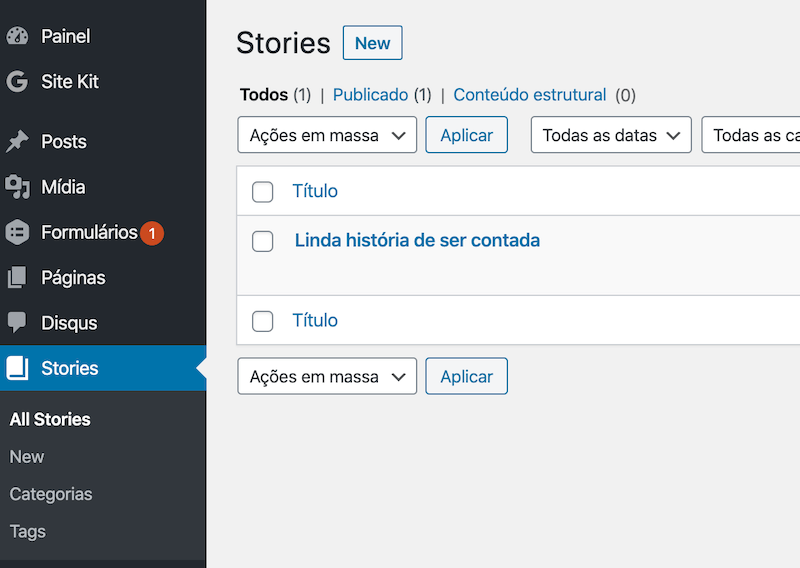 Tela administrativa do WordPress com a demonstração do tipo de post personalizado Stories