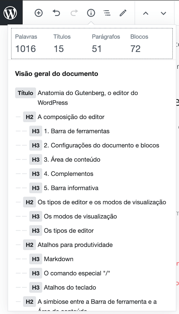 A visão geral do documento e contadores do editor Gutenberg