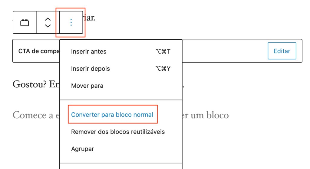 Exemplo do comando para converter um bloco para o estado padrão