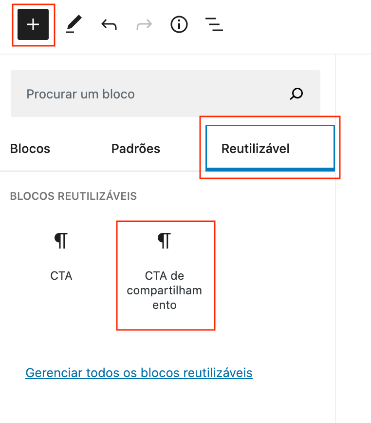 Exemplo de como localizar os blocos reutilizáveis