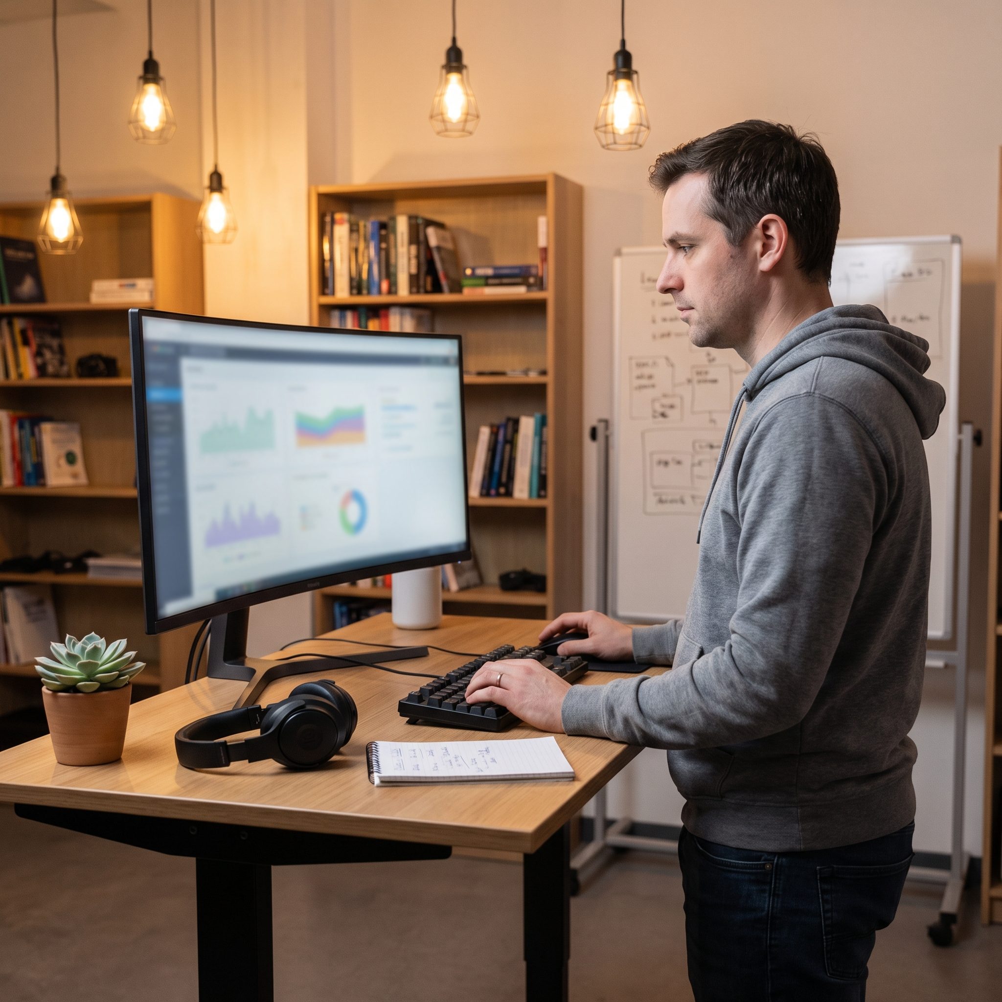 Tela de computador mostrando interface do WordPress com elementos de automação e IA, incluindo painéis de controle, gráficos de produtividade e ícones representando tarefas automatizadas em um ambiente de escritório moderno