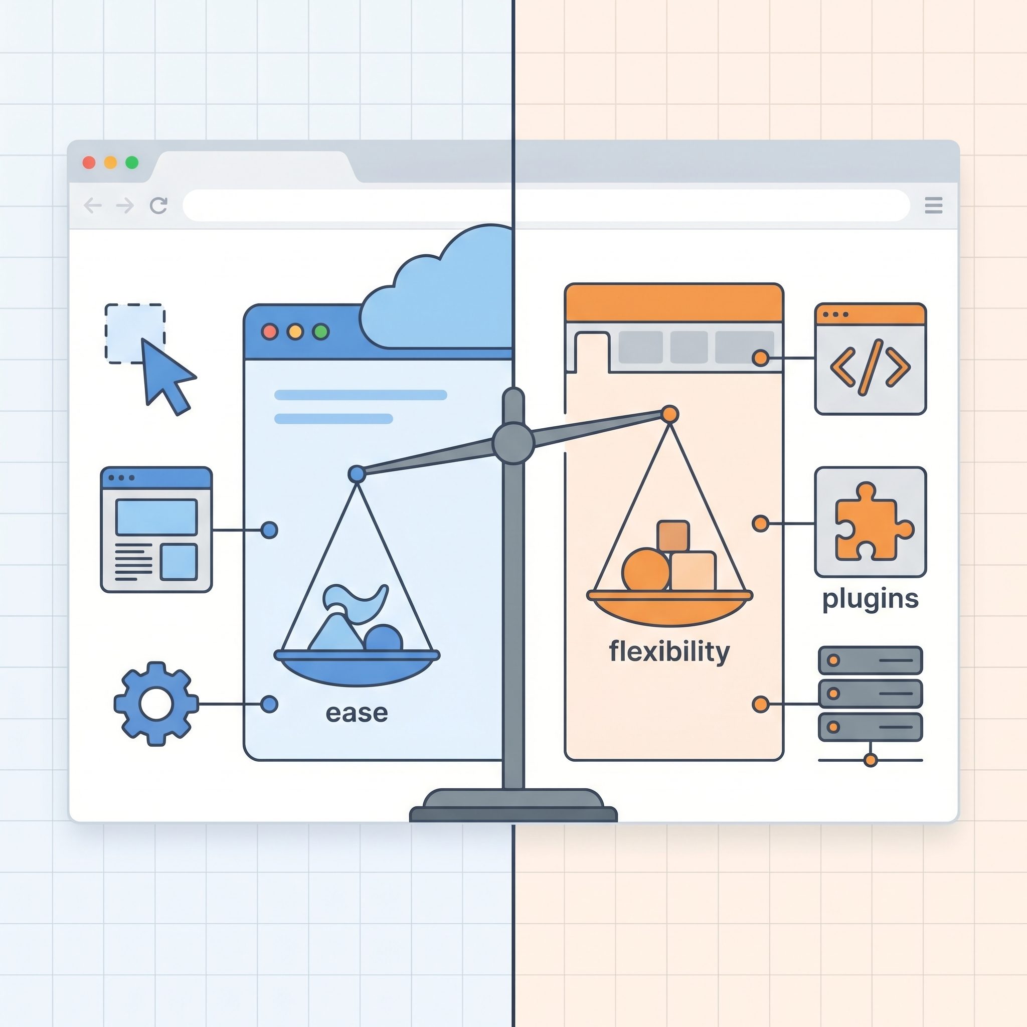 Tela dividida mostrando o painel administrativo do Wix à esquerda com seu editor visual drag-and-drop, e o dashboard do WordPress à direita com sua interface de gerenciamento de conteúdo
