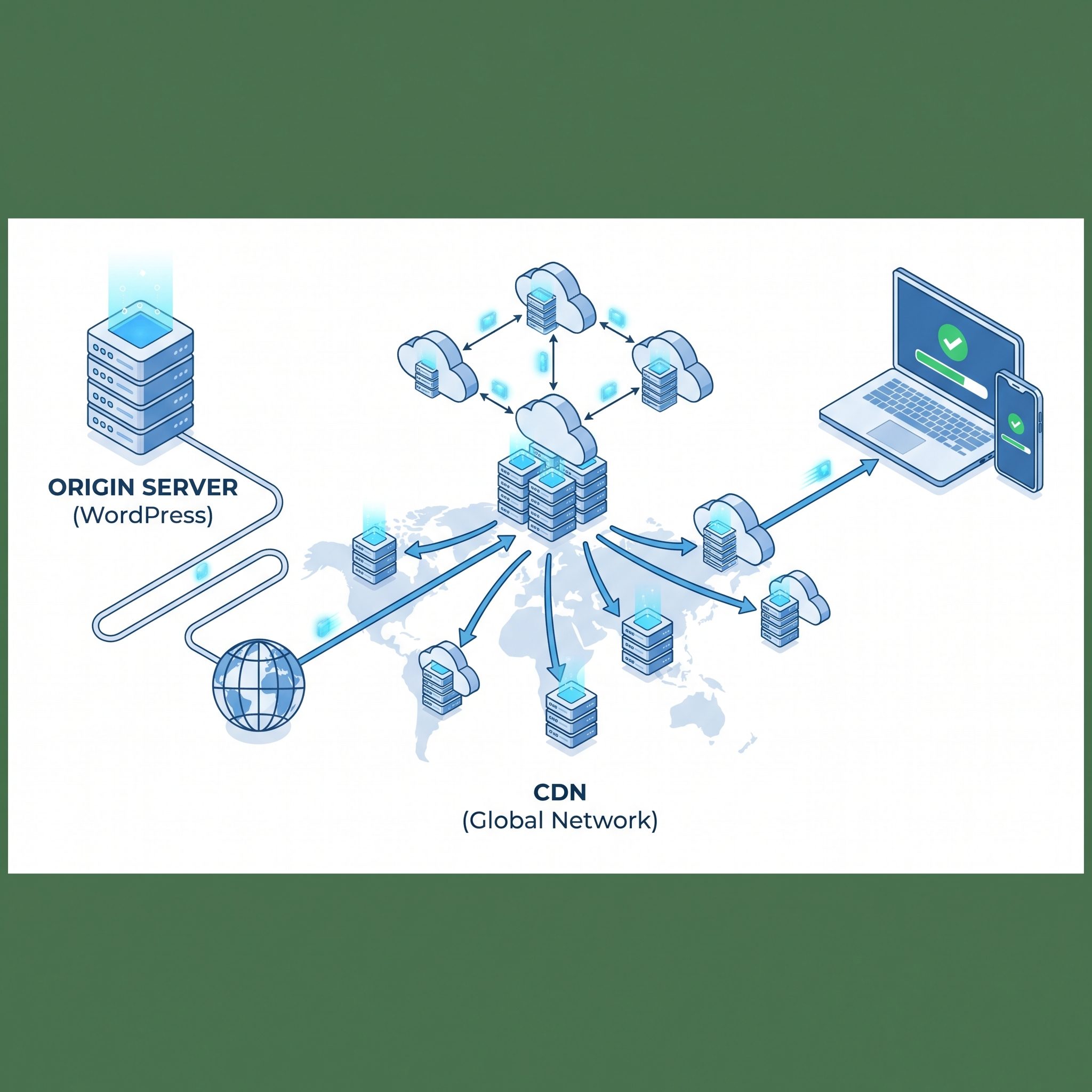 Dashboard de configuração de CDN mostrando métricas de performance e distribuição global de servidores