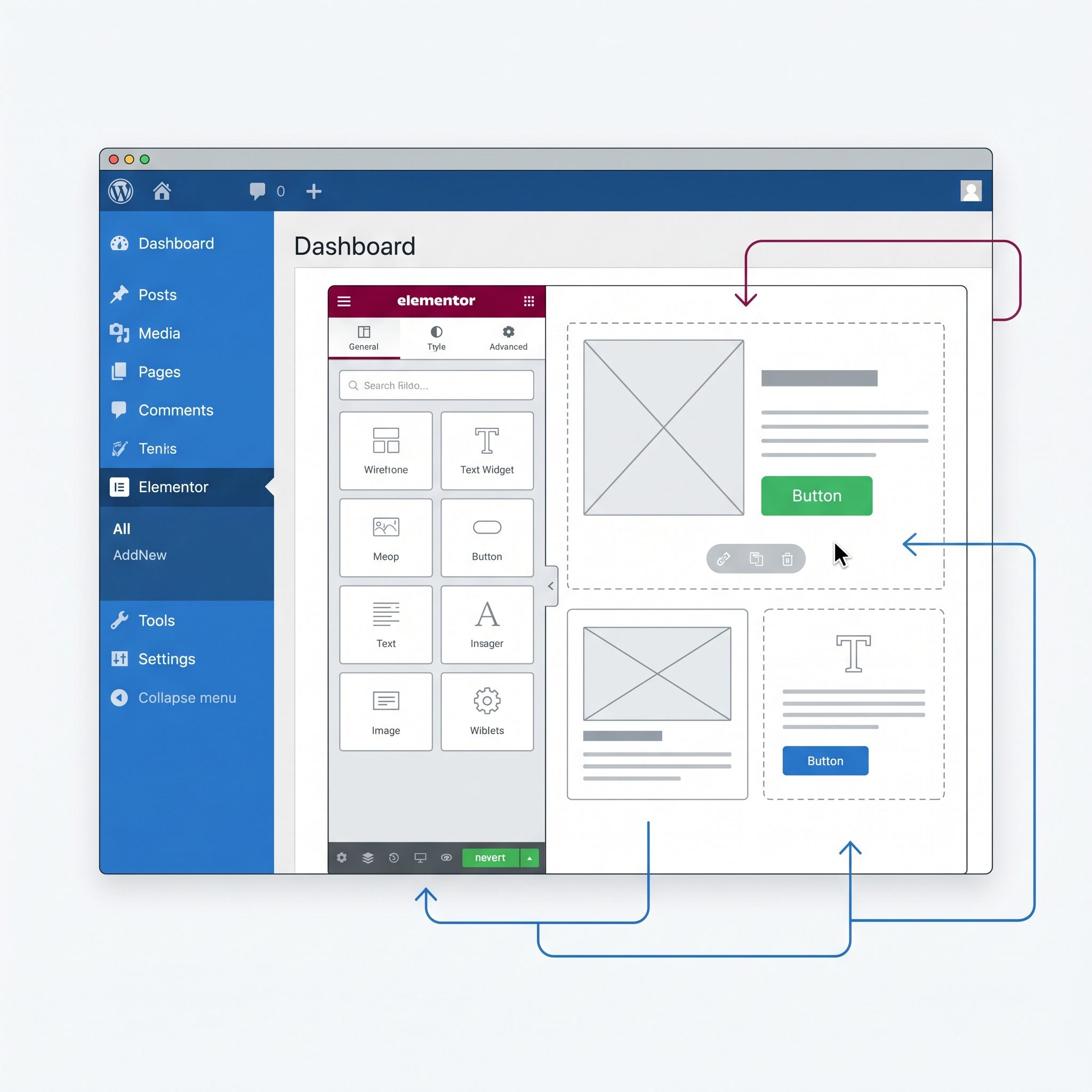 Tela de computador exibindo o painel administrativo do WordPress com o menu do plugin Elementor destacado na barra lateral