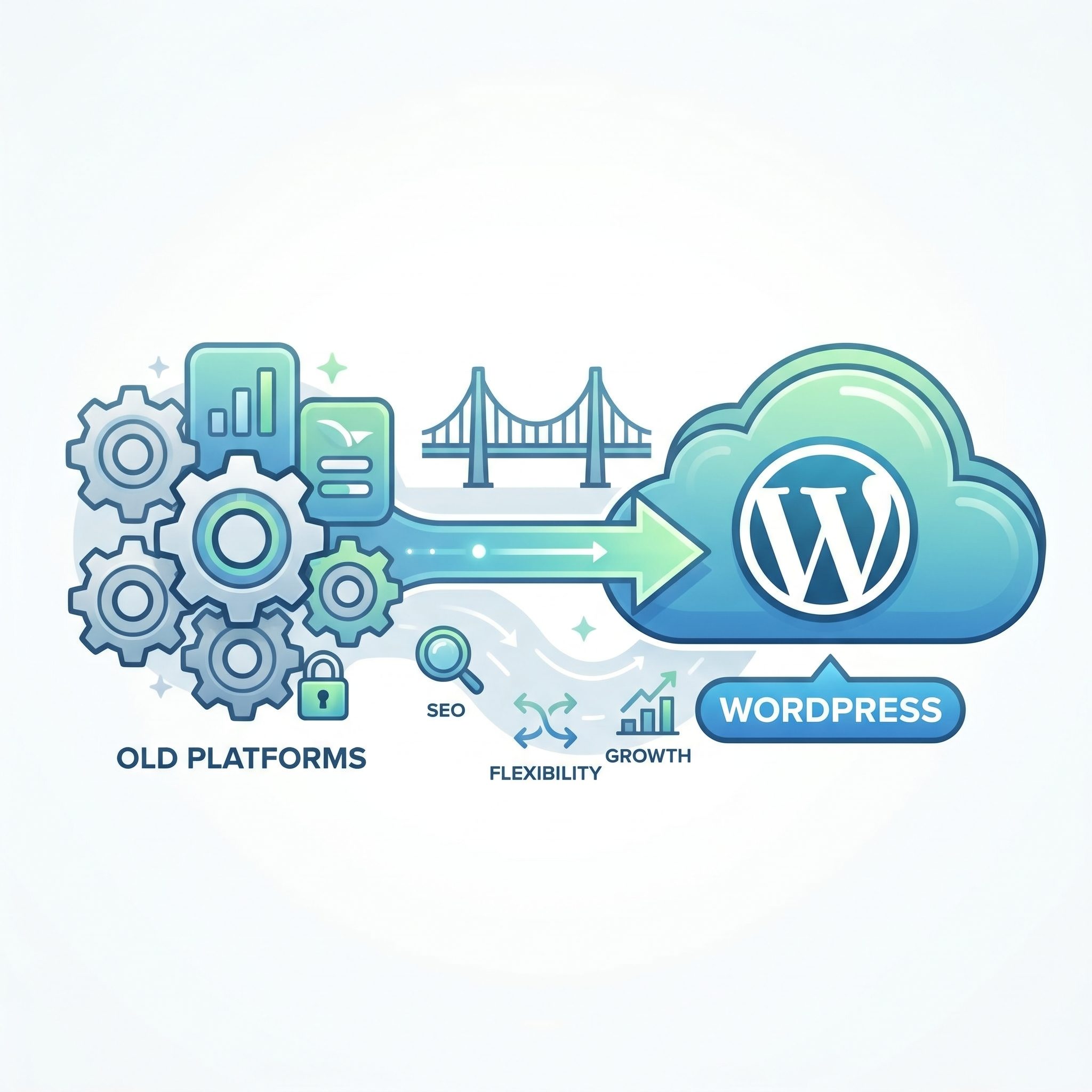 Tela de computador mostrando interface do WordPress com múltiplos posts sendo migrados, gráficos de performance e equipe trabalhando ao fundo