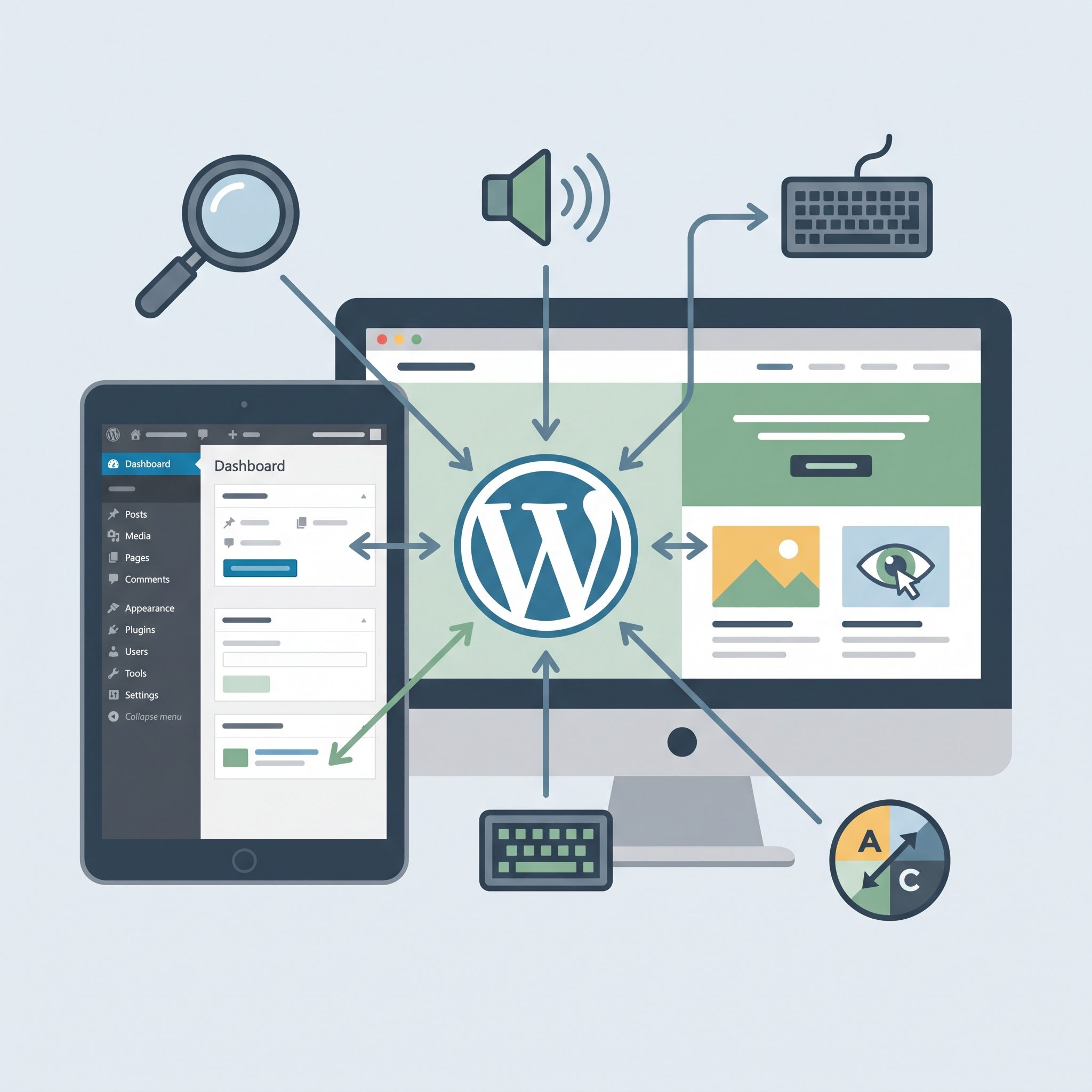 Tela de computador exibindo teste de contraste e navegação por teclado em um site