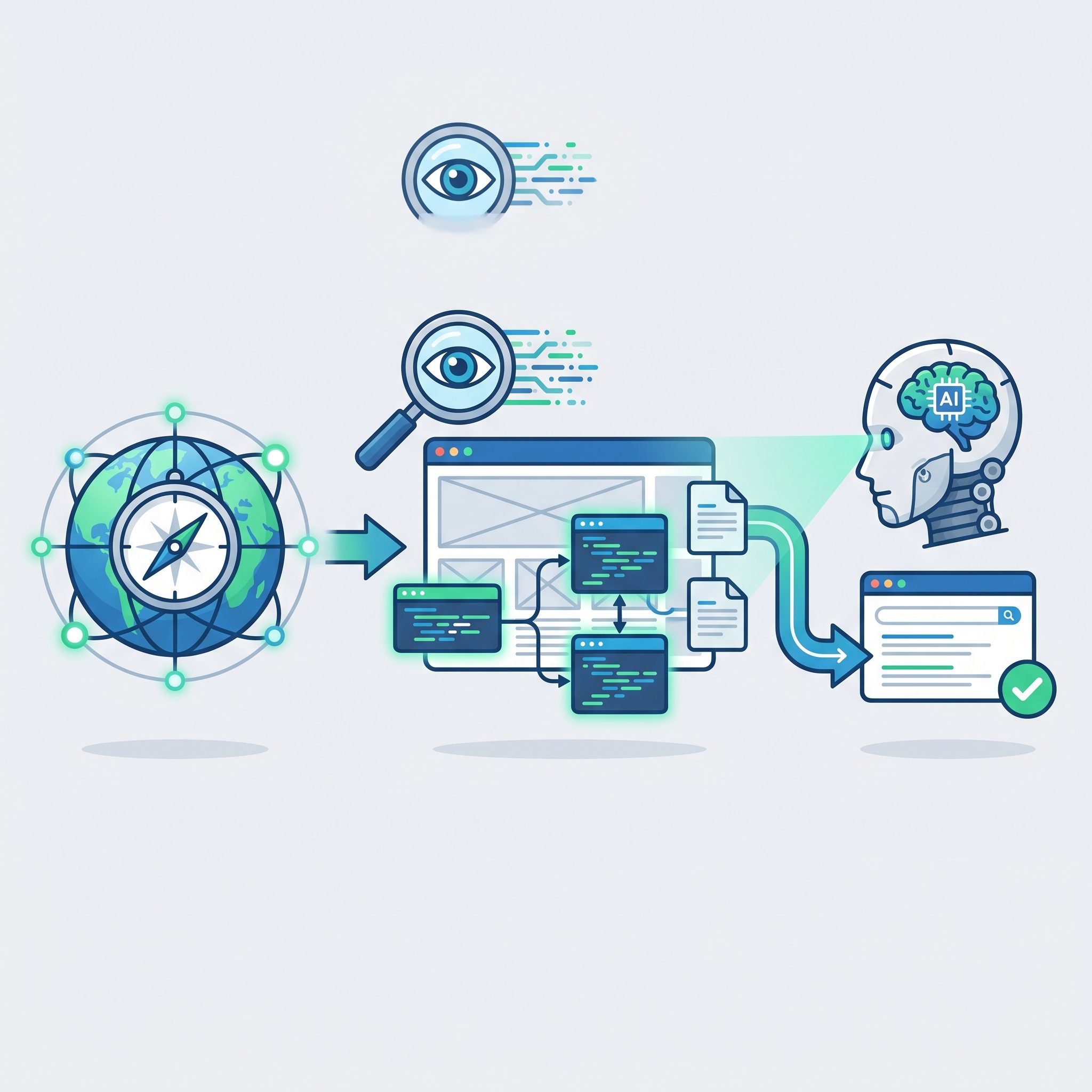 Diagrama de funil com os três verbos acessar, ler e interpretar para otimização em motores de IA