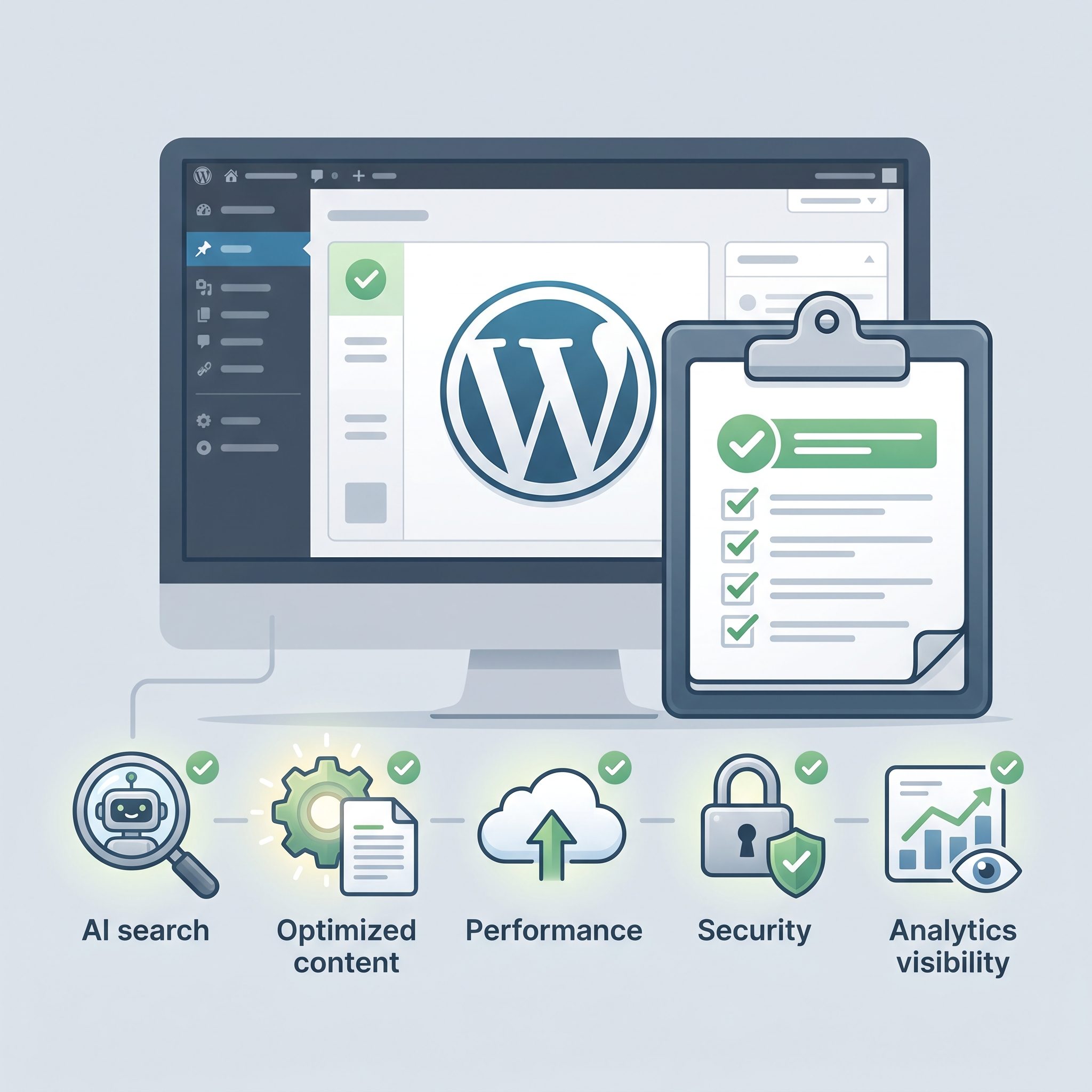 Tela de site WordPress sendo lida por um agente de inteligência artificial com dados estruturados destacados