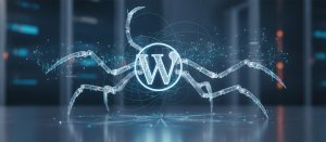 Ilustração de crawlers de IA acessando um site WordPress corporativo