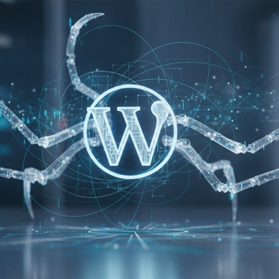 Ilustração de crawlers de IA acessando um site WordPress corporativo