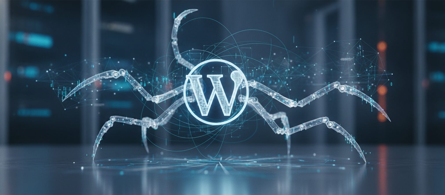 Ilustração de crawlers de IA acessando um site WordPress corporativo