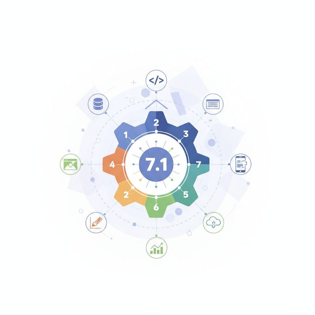 WordPress 7.1: o que muda na sua operação WP 2 Desenvolvedor revisando log de terminal e checklist de atualização em dois monitores, com ambiente de staging aberto